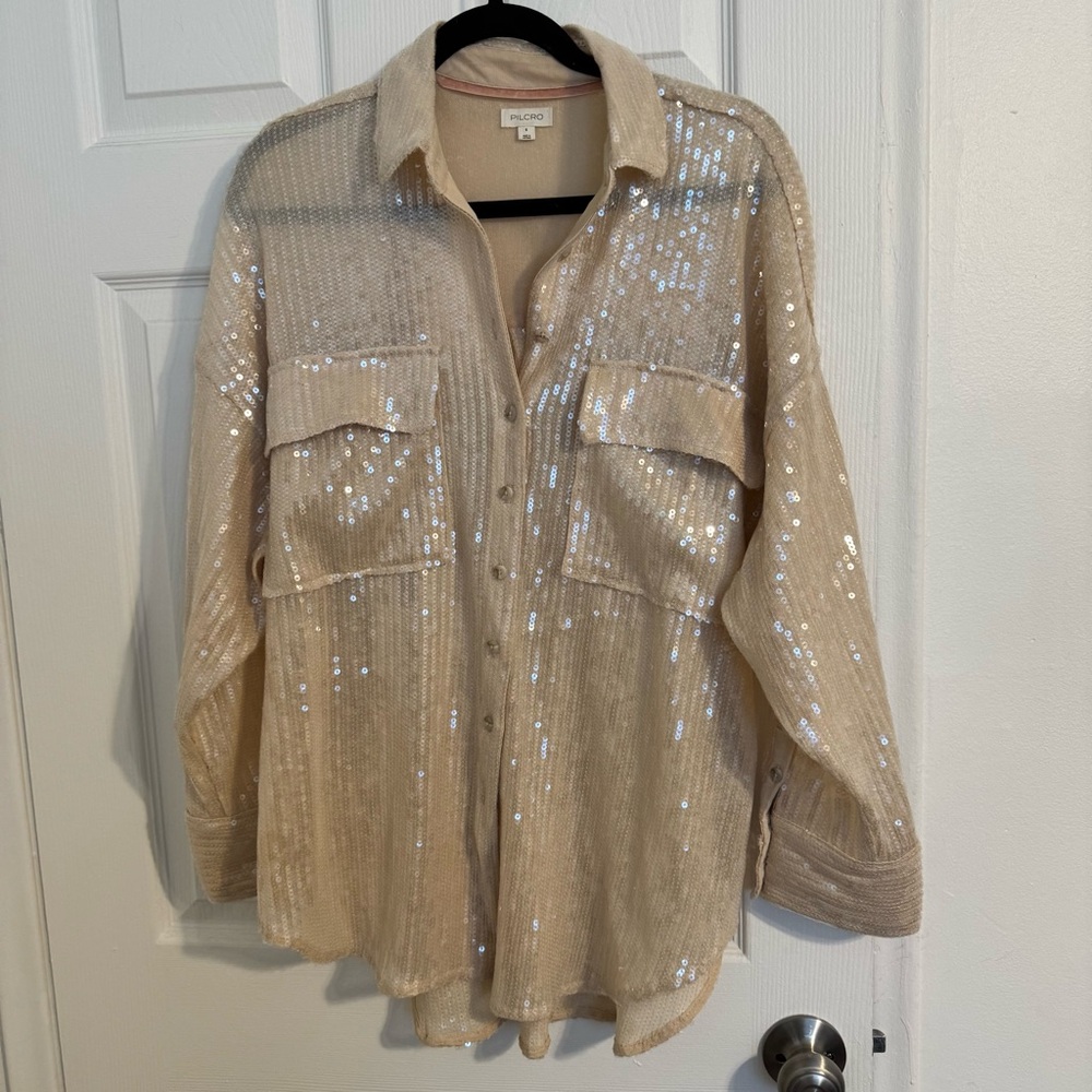 Pilcro Sequin Button Down Shirt | Women’s Size S | Beige Neutral Sparkle Blouse